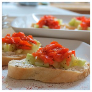  **Pictures Taken** 8oz smoked salmon, chopped bousin cheese 8oz cucumber, cubed 1tbsp paprika salt and pepper to taste french bread Slice french bread and toast until crispy. 350, approximately 8-10 minutes.  Spread Bousin cheese on french bread.  Place 1tsp of salmon on top with 1tsp of cucumber on 1 slice of bread.  Top with a sprinkle of paprika. 8oz smoked salmon, chopped bousin cheese 8oz cucumber, cubed 1tbsp paprika salt and pepper to taste french bread Slice french bread and toast until crispy. 350, approximately 8-10 minutes.  Spread Bousin cheese on french bread.  Place 1tsp of salmon on top with 1tsp of cucumber on 1 slice of bread.  Top with a sprinkle of paprika. 