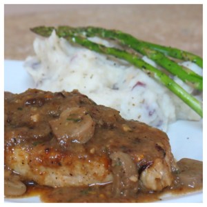 Pork Chops: 4 boneless pork chops (1 1/2lb) 2 tbsp olive oil 2 garlic cloves, minced Sauce 1 small, sweet onion, finely chopped 4.5 oz mushrooms, finely chopped olive oil 1 c beef stock 3/4 c red wine bread crumbs 1-2tbsp of butter 2 garlic cloves minced salt and pepper First, we are going to cook the onions and mushrooms, remove them from the pan, brown the pork chops, remove them, make a rue and then the red wine and mushroom sauce.  The pork chops will be added to the final mix to finish cooking. Marinate Pork Chops:  The pork chops need to marinate and rest before we cook them, so in a small pan, place the four pork chops. Coat the top side with 1tbsp of olive oil (dispersing evenly), one garlic clove, minced, and a pinch of salt and pepper.  Flip pork chops and repeat on the other side.  Set aside until read to cook. In a large pan, warm about a tbsp (to 2) in order to cook the mushrooms and onions on medium to medium high heat.  Once the oil is warm, add the mushrooms and onions.  Allow mushrooms and onions to cook, covered, for about 10 minutes, stirring frequently.  Remove mushrooms and onions and cover.  In the same pan, add the pork chops and brown on each side.  Approximately 3 minutes per side.  Remove the pork chops from the pan and sit to the side. In the same pan, add a tbsp of butter.  Sprinkle in bread crumbs until a rue is formed (you may need more butter).  Add the red wine and bring to a simmer.  Let simmer for about 3 minutes and then add beef stock, remaining garlic, cooked mushrooms, onions, and pork chops to the sauce.  Let everything simmer for about 5 to 8 minutes, depending on how thick you would like your sauce.