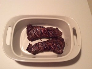 2, 8 oz New York Strips 2 tbsp Salt and Pepper (to taste) 1 tsp Parsley 1 tsp Rosemary Generously coat New York strips with olive oil; this will help tenderize the meat as well as, allow the seasoning to stick to the meat  Once coated, add salt and paper, 1/2 tsp parsley, and 1/2 tsp rosemary to one side.  Flip the steak and coat the other side with the rest of the ingredients.   Steaks can be marinated ahead of time and placed back in the refridgerator.  Before cooking, let steaks stand at room temperature for about 30 minutes. For a medium rare steak, coon on medium, to medium high grill for about four-five minutes on each side. Remove the steaks, cover with aluminum foil and let steaks rest for about ten minutes before serving. 1/2 lb of roasted shrimp-see recipe 1 1/4 c whipping cream 1 c Mozzarella 2 c Pepper Jack 1 c Parmesan  1 tsp Parsley Salt and Pepper to taste 2 tbsp butter 3 Peppercinni In medium skillet, heat whipping cream and butter to a simmer.   Add parsley, shrimp, salt and pepper and let simmer for about three-four minutes.   Add cheeses until all cheeses are melted and mixed together throroughly.  