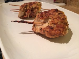 2 chicken breasts 2 slices Colby jack cheese 2 slices provolone cheese Havarti cheese 2 slices Prosciutto 2 slices ham Breading: 1/2 c bread crumbs 1/3 c parmesan 1/4 c flour 1 tsp parsley 1 tsp rosemary salt and pepper 1 egg 1 c milk Vegetable oil Preheat oven to 350. Layering the chicken: Tenderize chicken breasts to make the chicken easier for folding later.  Layer each chicken breast with one slice of Colby jack cheese, once slice of ham, once slice of provolone, one slice of Proscuitto, and once slice of Havarti cheese.  Fold the chicken over and secure with tooth picks or cooking string. Batter Mix: Mix breadcrumbs, flour, parmesan cheese, parsley, rosemary, and salt and pepper in a small bowl. Battering the Chicken: Mix one beaten egg with milk.  Dip stuffed and secured chicken into the egg and milk mixture and then, into the batter mix. Heat vegetable oil to about 350 degrees and fry battered chicken for about 2-3 minutes or until lightly golden brown. Remove chicken and place on a baking sheet.  Bake chicken at 350 for 15 minutes. 