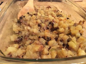 4 medium size white potatoes 1/2 small sweet onion, finely minced 1/3 c mushrooms, finely minced 2 tbsp butter 1 1/2 tsp olive oil 1 fresh sprig of rosemary broken into 4 one inch pieces salt and pepper 1 tsp garlic Preheat oven to 400 degrees. Cut white potatoes into small cubes and mice onions and mushrooms.  In a baking dish, coat bottom of pan with about 1 tbsp olive oil.  Add potatoes, onions and mushrooms to dish.  Top the potatoes with the small squares of butter and 1 1/2 tsp olive oil, garlic (spread out), and salt and pepper to taste. Cover with aluminum foil and bake at 400 degrees for about 35 minutes.  ***It may take longer if the potatoes are not cut up into small squares. 