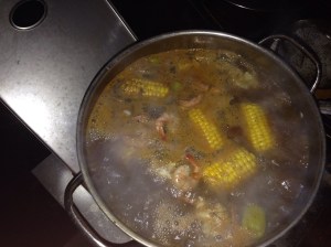 1 lb shrimp 7 medium red potatoes 1 sweet or vidalia onion 1 kielbasa sausage link (I either get spicy or beef...beef this time)  4 medium sweet corn on the cobs 3/4 c old bay 2 sprigs of fresh rosemary 1/4 c parsley 1/2 c s and 1/2 c pepper (It's a lot of water and I like flavor) 12 qt water 48 oz chicken broth In a 16qt pot bring water and chicken broth to to a boil.  Once the water is boiling, add old bay, parsley, rosemary, salt and pepper.  Let boil for about a minute and then add the onion and potatoes.  These will need to cook for 30  minutes, total.  Set a timer for 10 minutes and then add the corn.  The corn needs to cook a total of 20 minutes so set the timer for 5 minutes.  Once the timer goes off, add the shrimp.  Set the timer for 15 minutes and everything is ready to come out.  Be careful and enjoy!! 