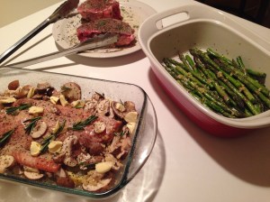 Salmon: 1 lb Salmon Fillet 3 lemons, thinly sliced rounds 8 oz baby portobello mushrooms 2 tbsp butter 1 tbsp minced garlic 2-3 tbsp brown sugar 1 fresh rosemary sprig olive oil salt and pepper Preheat oven to 375 degrees.  In a baking dish, coat the bottom with olive oil (approximately 2 tbsp).  On top of the olive oil, layer the sliced lemon rounds; the salmon is going to sit on top, so when spreading them out, keep them in the shape of the salmon fillet.  Top the lemon slices with the salmon fillet.  Coat the salmon with olive oil (approximately 1.5 tsp).  Add the mushrooms around the salmon.  Cover the salmon and mushrooms with a generous amount of salt and pepper, the minced garlic, and then top with butter...when adding butter, "break" apart the butter into little cubes.  This will cover more area and allow the butter to melt and spread.  Cut or tear the rosemary sprig into about 6 one inch pieces; top the salmon with the rosemary.  Finally, add the brown sugar to the entire dish, sprinkling throughout. Cover with a lid or aluminum foil. Bake for 25 minutes.   **When I made this, the lemon flavor was stronger than I liked, so I added more brown sugar once it was finished baking and parmesan to the top of the salmon.  I then covered the dish with aluminum foil allowing the brown sugar to infuse the salmon as it rested. 