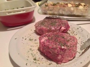 2 filet Mignon 1 tsp parsley olive oil salt and pepper melted butter (for coating filets while they grill) **Filets are my favorite cut of meat, so I season lightly as to not lose the natural flavor. Coat the filets with olive oil, parsley, salt and pepper; make sure to evenly distribute ingredients to both sides.  Let the filets rest at room temperature for about 20 minutes. If using a gas grill, the temperature needs to be set on medium high heat.  Cook filets for about 9 minutes per side (6-5 minutes for rare).  To keep the integrity of the steaks, it is best to only flip them once.  If using charcoal, heat coals to high heat.  Cook steaks for 8 minutes per side (5 minutes for rare) flipping steaks only once.