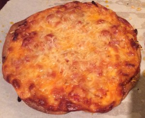 Chris's Favorite, Three Meat Pizza: Pizza Toppings: 1 Large Tortilla 1 Slice of Prosciutto 1 Slice of ham 3 Slices of Bacon 1/3 c provolone 1/3 c mozzarella 1/3 c parmesan  Sauce: 1tbsp of any kind of organic, store-bought pizza sauce will work.  I also buy a sauce that has seasonings in it like, garlic, basil, or oregano. **I do not like an overly sauced pizza, so if you do, add more. Heat large tortilla on 375 for 5-7 minutes. Top tortilla with sauce and then all cheeses, except parmesan (we will add that last).  Once pizza is topped with cheese, add the meats and then parmesan.  There is no rule for layering pizzas, so top them as you wish. Bake on 375 for 10-18 minutes. As I said in a previous post, I know, there is a huge variance with cooking time, but I like my pizzas super crispy, so I opt to cook them a little longer.