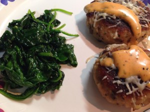 Pork and Potato Patties 1 c pork, shredded 1 c mashed potatoes 1 c vegetables (mushrooms and onions), diced 1/2 c bread crumbs 1/4 c panko crumbs 1 tbsp parsley 1 c stock from pork tenderloin (red wine and beef broth) salt and pepper to taste (generous amount) Olive oil In a large bowl, mix all ingredients together.  You don't want the texture to be too dry or too moist; if the mixture seems dry, add little more stock...if the mixture seems to moist, add more panko crumbs until the texture dries up a bit. Once ingredients are thoroughly mixed and texture is consistent, you can make the patties.  To do this, grab a small handful of the mix, make a little ball, and work with the ball of mix until it is patted out.  ***I place the patties on parchment paper until they are all ready to be fried. In a large frying pan, coat the bottom of the pan with olive oil and heat on medium-high heat.  Once the oil is hot, add patties to the frying pan. **Be sure not to overcrowd the pan.  If the patties touch, they will stick together...yes...I do know this from experience :) Cook the patties for 2-3 minutes on each side or until they are golden brown.  I flipped the patties twice to make sure they were cooked thoroughly without burning each side. I also added a drizzle of olive oil to each patty before I flipped them.  With all of that said, the pork and potato patties should cook for a total of about 9-10 minutes. Viola! Your pork and potato patties are done. **To enhance the flavor, I always cook a little bit of fresh spinach in olive oil with salt and pepper and top the patties with this.  I also make a Sriracha Ranch sauce to dip them in.  Below are the ranch and Spinach Recipe. Sriracha Ranch: 3 tbsp Ranch 1 tbsp Sriracha 1 tsp parsley salt and pepper to taste Add them all to a small bowl and mix thoroughly. Spinach 3 c fresh spinach olive oil  salt and pepper Preheat oven to 500 degrees.  In a non-stick, baking dish, coat the bottom with olive oil.  Add spinach.  Coat the spinach with more olive oil and the salt and pepper.  Cook in the oven for about 5 minutes. ***Pork Tenderloin Recipe can be found in the "meat" category.  Mashed potato recipe can be found in the "meat" category with the pork chop recipe.  