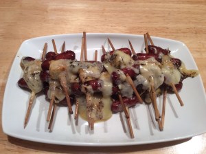 2 medium, golden delicious apples 1 package of Hillshire farm smokies 10 wooden kabobs, halved 1 tbsp parsley 1 fresh twig of rosemary salt and pepper *spray butter *roasting pan Soak the wooden kabobs (halved) in water for 10-15 minutes.  Preheat oven to 375 degrees. Cut the golden delicious apples into cubes (you don't want them too small, as they will soften up too much and become mushy).  Cube the havarti cheese as well. Kabob Assembly: This is pretty much at your own discretion, but I put a smokie, an apple cube, and another smokie.  ***Cheese needs to be left off until the very end.  Once all kabobs have been assembled, you can place them in the roasting pan that you have sprayed with non-stick cooking spray.  After all kabobs are in the pan, spray them with butter or top with olive oil (I like the flavor the spray butter gives the apples).  Once you have coated them, top with the parsley, salt, pepper, and spread the rosemary (whole) on top of the kabobs (the rosemary will be removed when the kabobs need flipped).  After the kabobs are seasoned, pop them in the oven for 20 minutes.  When the 20 minutes has passed, flip the kabobs and cook for another 10-15 minutes. ***Chris and I added the havarti cubes to the kabobs to "warm" but the cheese ended up COMPLETELY melting, which ended up being even better (in our opinion).  If you decide to do this, make sure you are using a non-stick pan and let the cheese melt just enough to top the kabobs.  If you don't want to worry about the cheese burning, just add it to the kabobs after they have been cooked for 30-35 minutes; it will still be good :) 