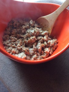 Ground Chicken: 1 lb ground chicken 1 tsp garlic 1 tsp rosemary 1 tsp parsley 1/2 tsp thyme salt and pepper to taste 1 tbsp olive oil In a large sauté pan, heat the olive oil over medium high heat.  Add the ground chicken, separating it, as you can, into small pieces.  Add the garlic, rosemary, parsley, thyme, salt, and pepper to the chicken and continue to cook on medium high heat for 10-15 minutes.  I like my meat to have a bit of brown, so I let it simmer and cook until I reach my desired "brownness".   Set the chicken to the side.